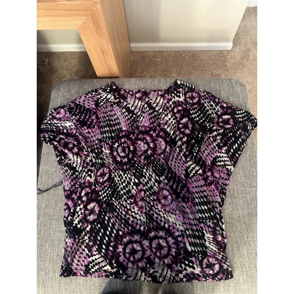 Style & Co Womens Medium Purple Black Mesh Embellished Neck Tie Dye Blouse Top